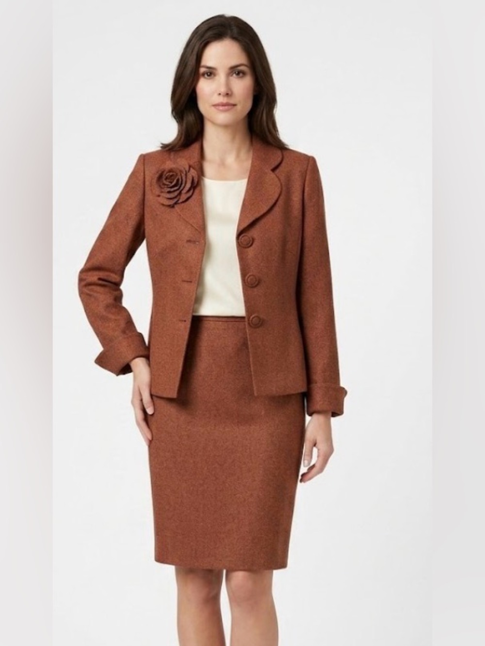Vintage Le Suit Petite Rust Tweed Skirt Suit w/ Rosette - Size 2P Power Set